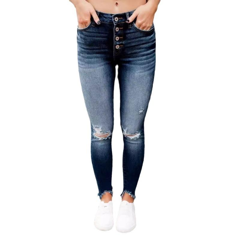 Summer New Jeans Elastic Ripped Slim Fit Comfortable Mid-waist Trousers Women