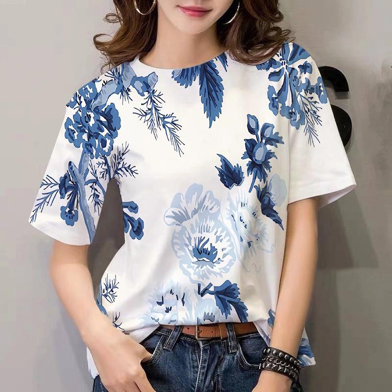 Fashion European and American Women's T-shirt Plant Flower Pattern 3D Printing Casual Women's Round Neck Short Sleeve Top