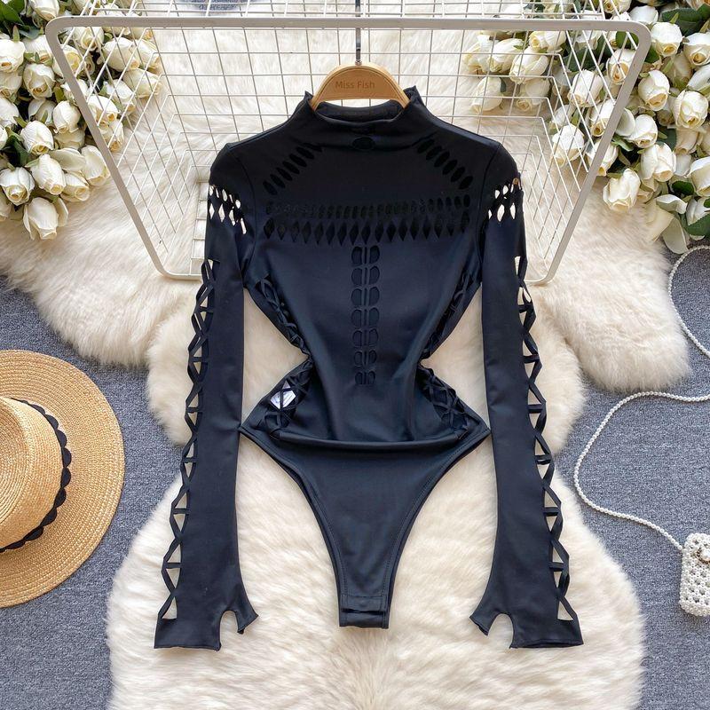 

Niche Style Hollow-out Cinched Slim Looking Bottoming Shirt Spring Clothing Top Black M