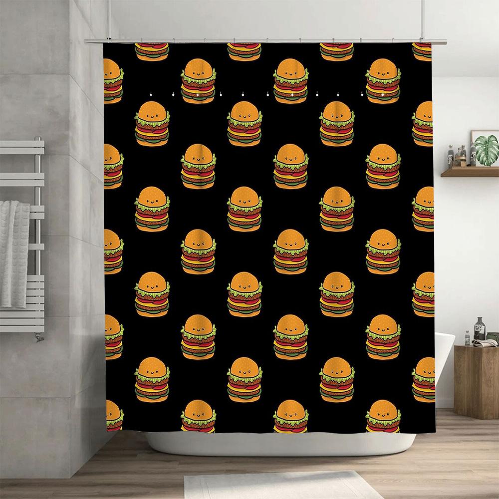 Burger Shower Curtain Cute Fast Food Pattern Waterproof Bathroom Decor Washable Liner Vintage Kitchen Backdrop