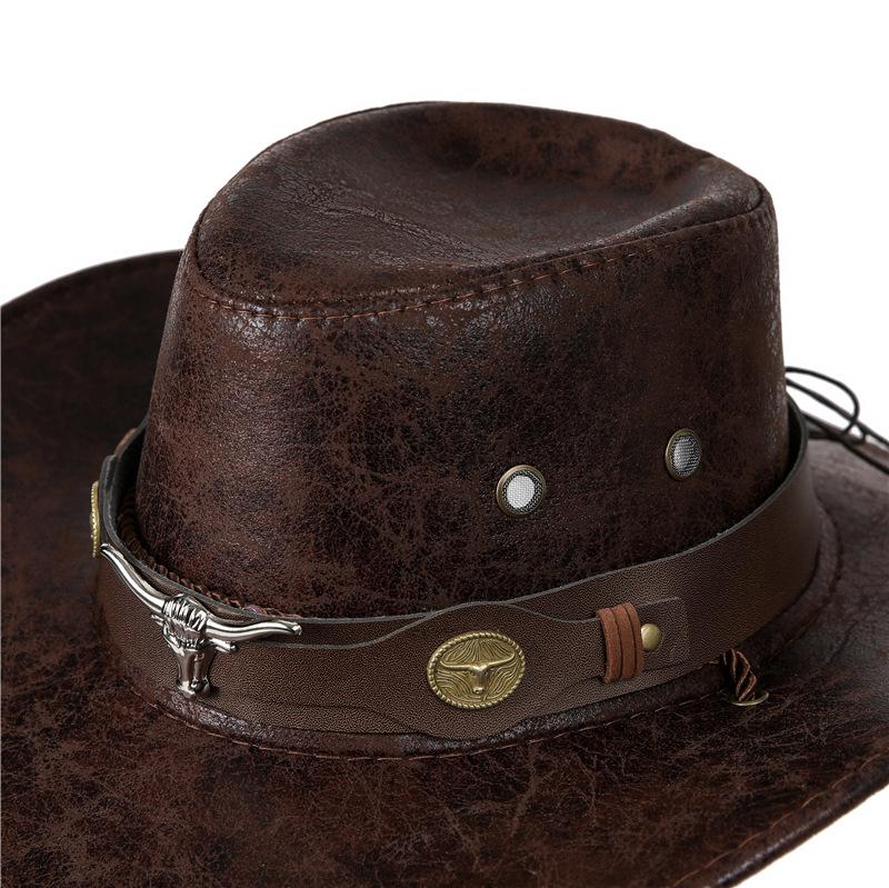 Cow Head Belt Rivet Jazz Hat Men'S And Women'S Spring, Summer And Autumn Outdoor Travel Sun Hat Big Edge Tibetan Western Cowboy Hat