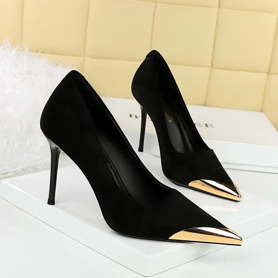Scarpe da banchetto da donna tacchi alti camoscio scollate a punta in metallo décolleté tacchi super alti