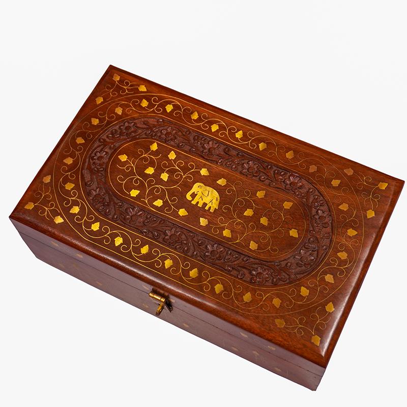 Handmade Solid Wood Jewelry Storage Box with Brass Inlay Carved Rosewood Chest