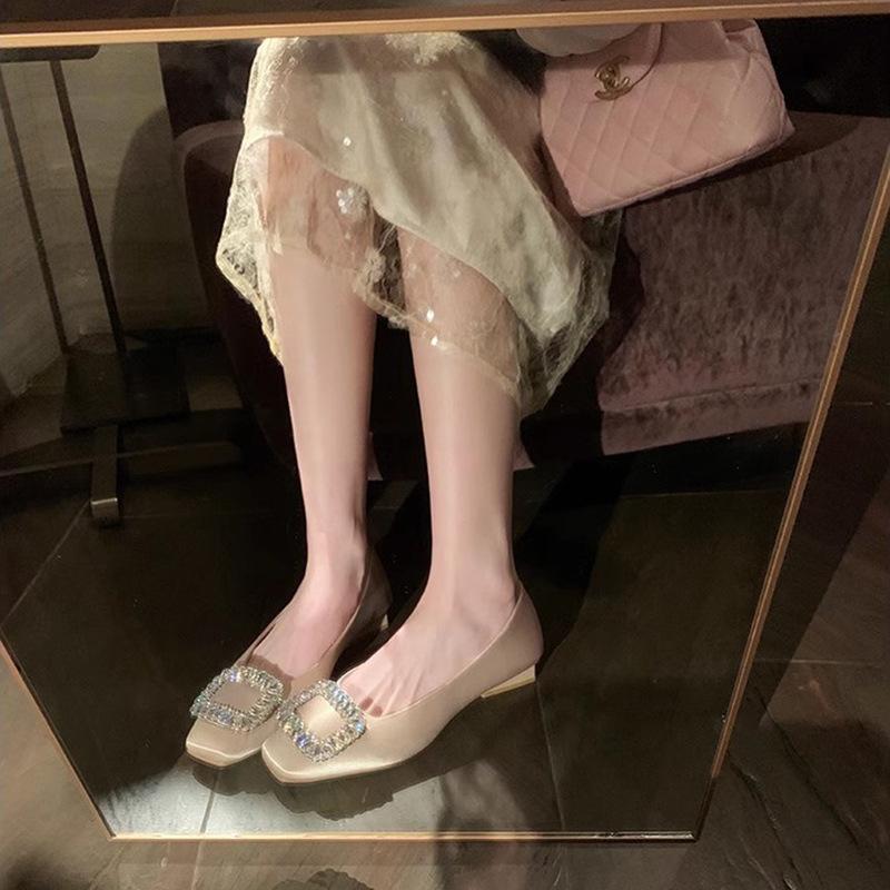 2025 spring new rhinestone square head light mouth silver flat-soled single shoes fairy soft leather temperament commuter women's shoes