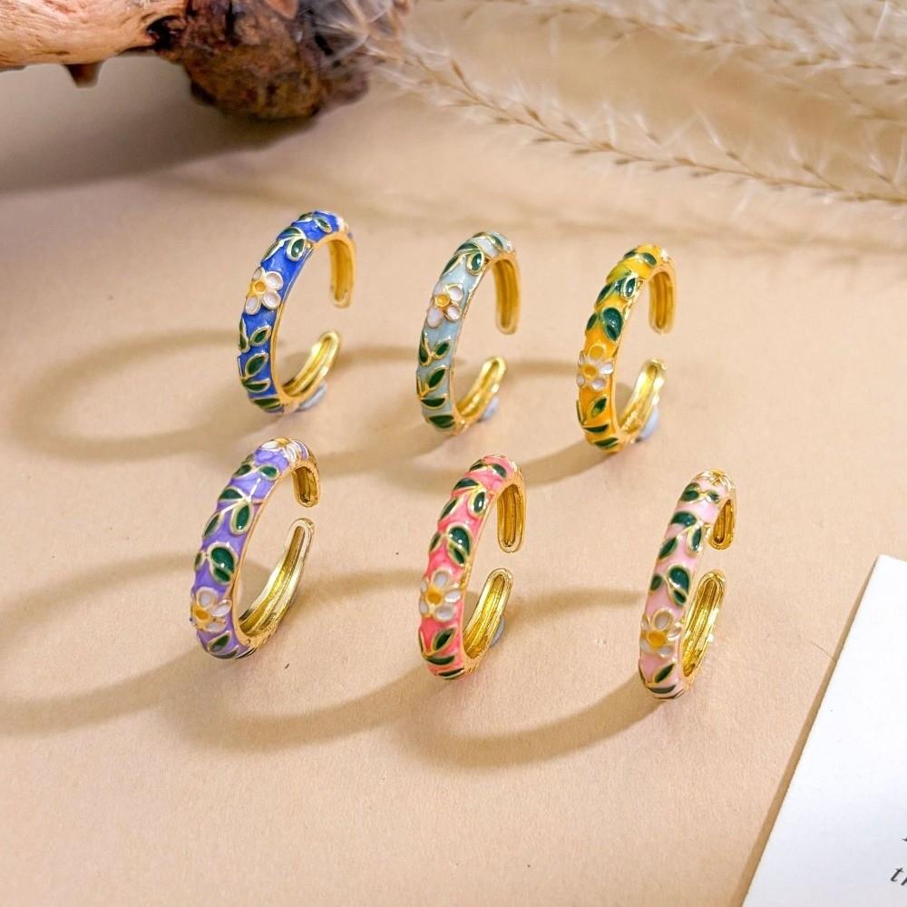 Bohemian-Style Colorful Enamel Flower Rings Classic Gold Plated Ring  Female