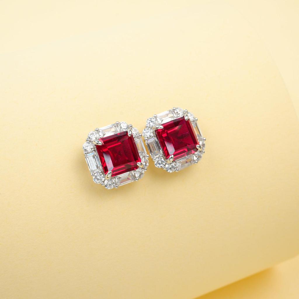 S925 Sterling Silver Women's Ruby Stud Earrings with Diamond Halo – Elegant Light Luxury Gift for Anniversaries and Work.