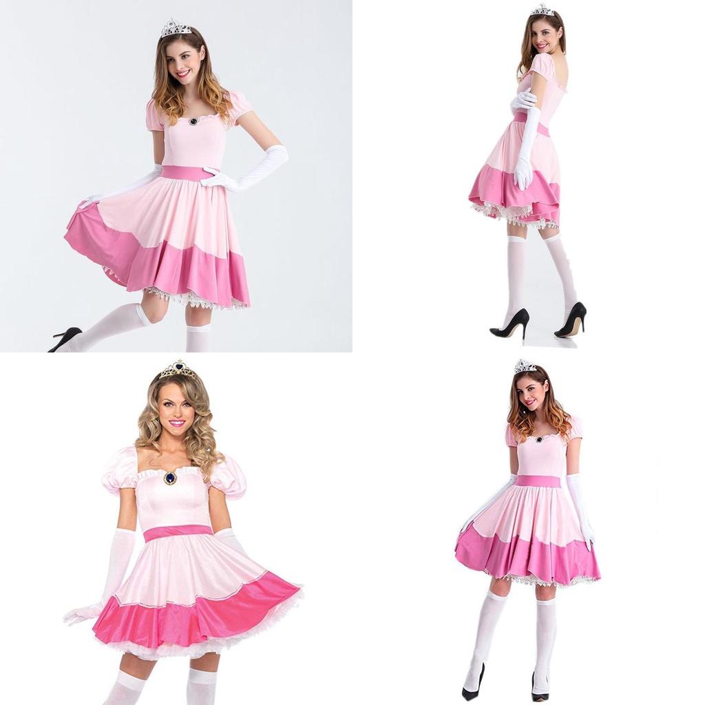 Elegant Super Mario Pink Princess Peach Costume Dress With Crown And Gloves Set