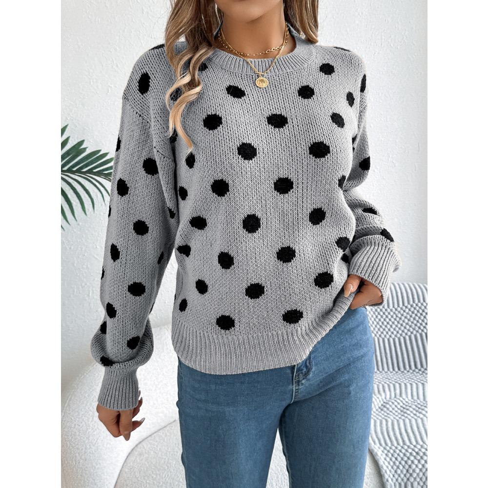 Fashionable Women's Hoodie: Casual Colour-Block Polka Dot Long-Sleeved Pullover Knit Top