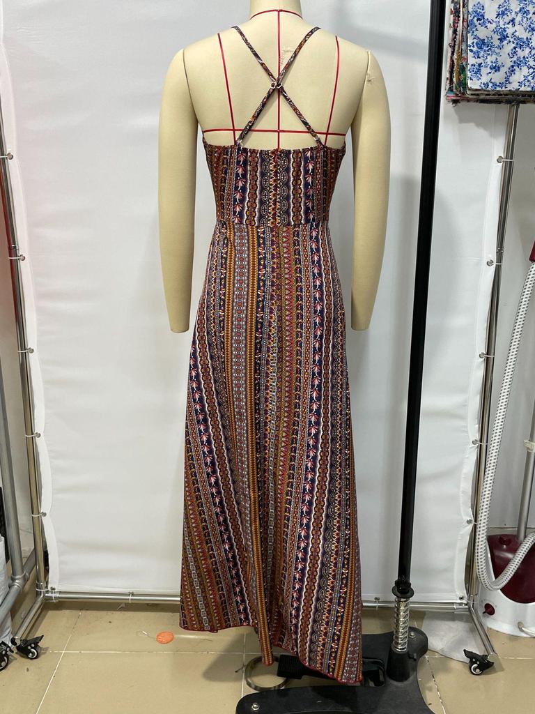 2025 Frühling/Sommer Damenmode Spaghetti-Träger Bedrucktes Strandkleid mit Schlitz