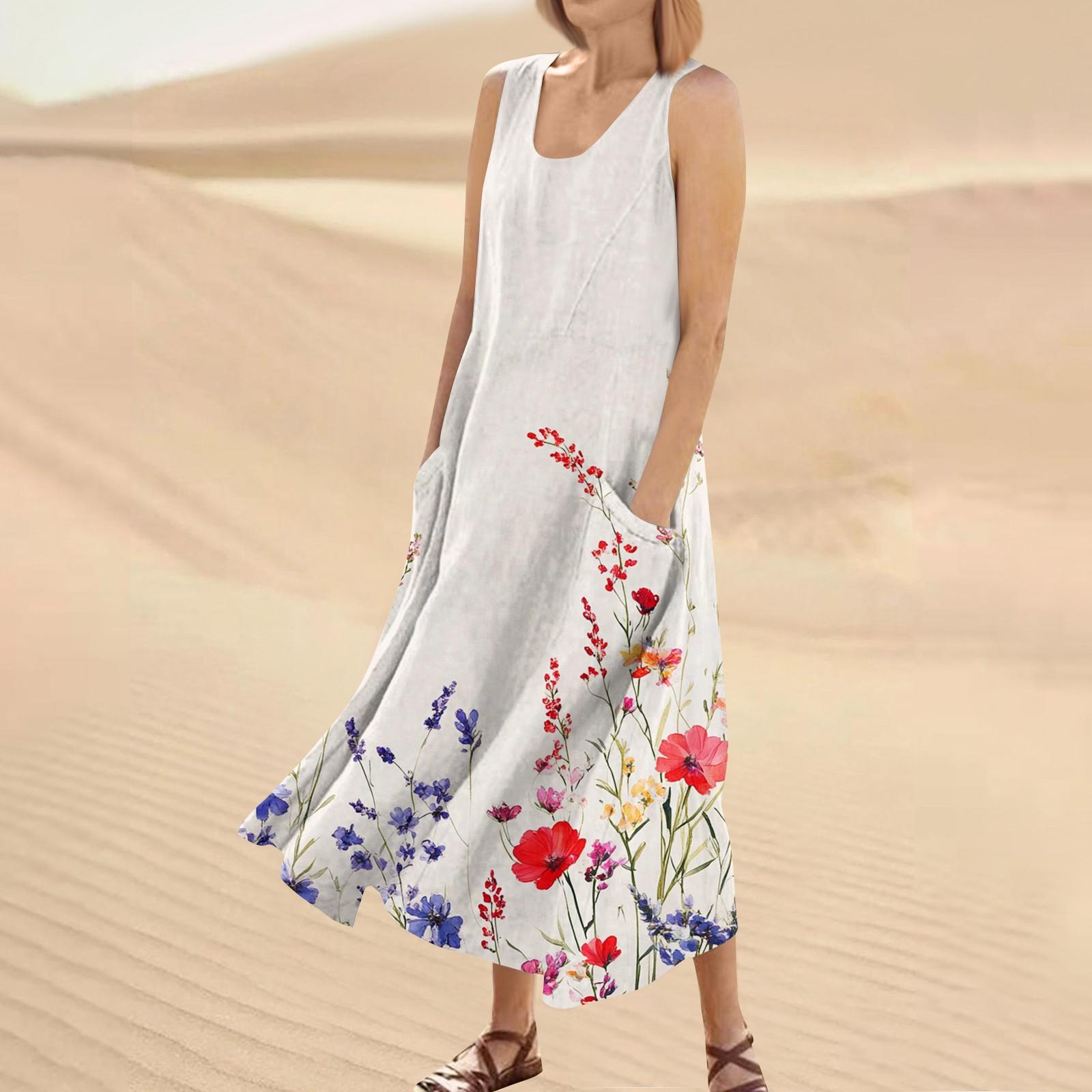 

Женское летнее повседневное модное платье без рукавов с круглым вырезом и карманом с цветочным принтом L бежевый