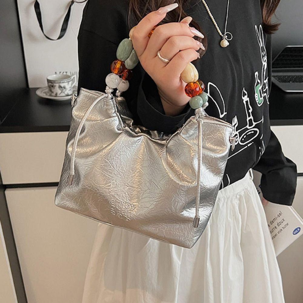 Tote Bag Beading Handle Shoulder Bag Crossbody Bag Women's Shoulder Bag Cute Silver PU Bag  Travel
