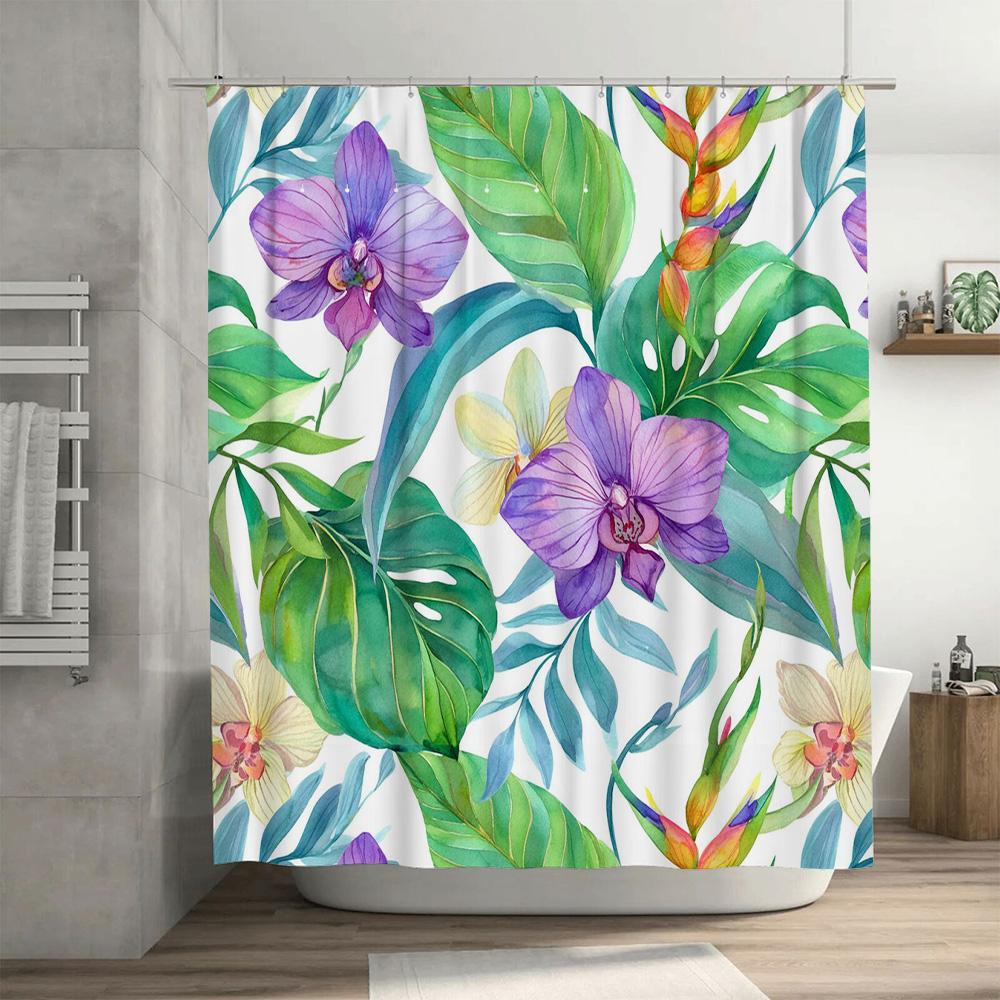 Art Deco Style Shower Curtain with Green Floral Print Modern Home Decor Bathroom Fabric Shower curtain for Bathrooms Ships World