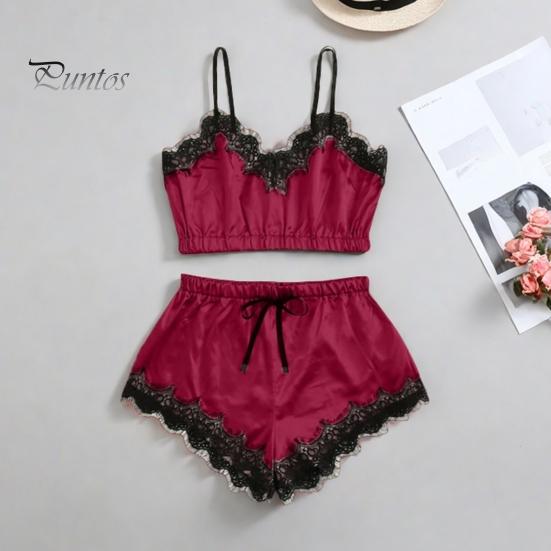 Dámský dvoudílný pyžamový set Krajkový lem Výstřih do V Cami Crop Top Šortky s elastickým pasem Ležérní bez rukávů Noční oblečení Lounge set