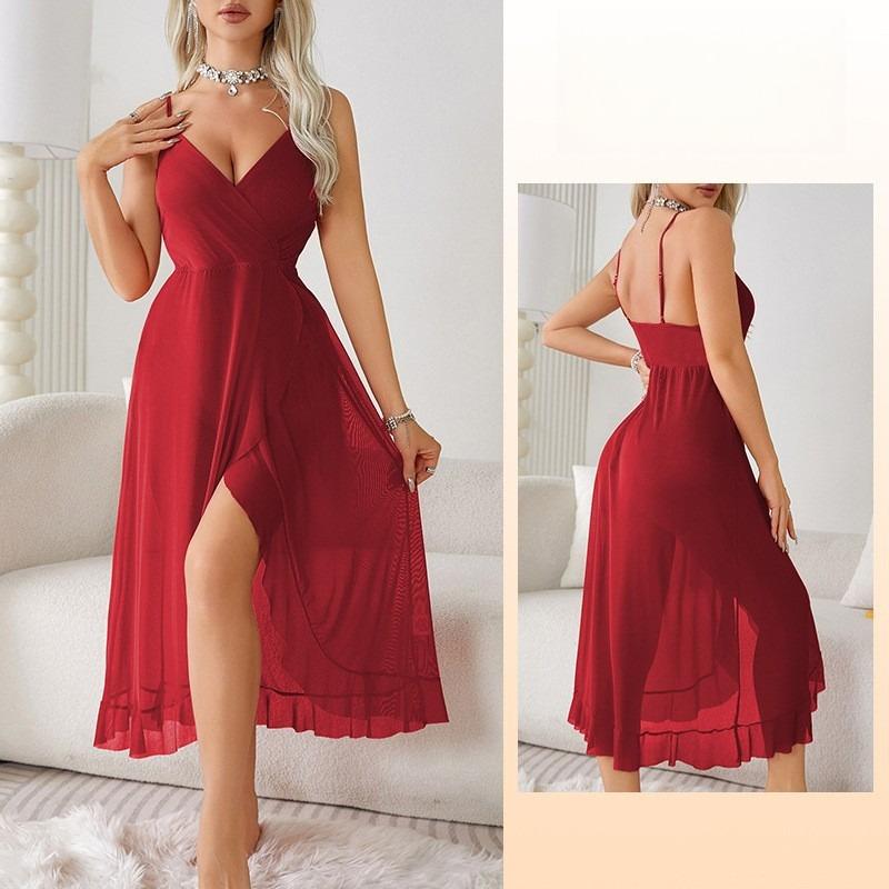 Sexy Deep V High Slit Cami Nightgown Multi-Color Sheer Breathable Women's Comfortable Loungewear 683 Daring Lightweight Sleepwear Perfect for Nights