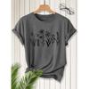 2026New SpringSummer Women's Round Neck Minimalist Line Drawing Floral Print Short Sleeve T Shirt Vintage distressed casual top Soft Knit Fabric