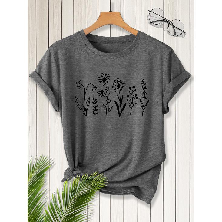 2026New SpringSummer Women's Round Neck Minimalist Line Drawing Floral Print Short Sleeve T Shirt Vintage distressed casual top Soft Knit Fabric