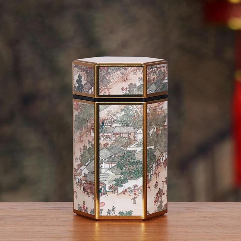 Kreativní šestihranná plechová dóza na čaj Čínský pocínovaný zásobník na čaj Malá uzavřená přenosná krabička na čaj Prázdná dóza Příslušenství k čajové soupravě