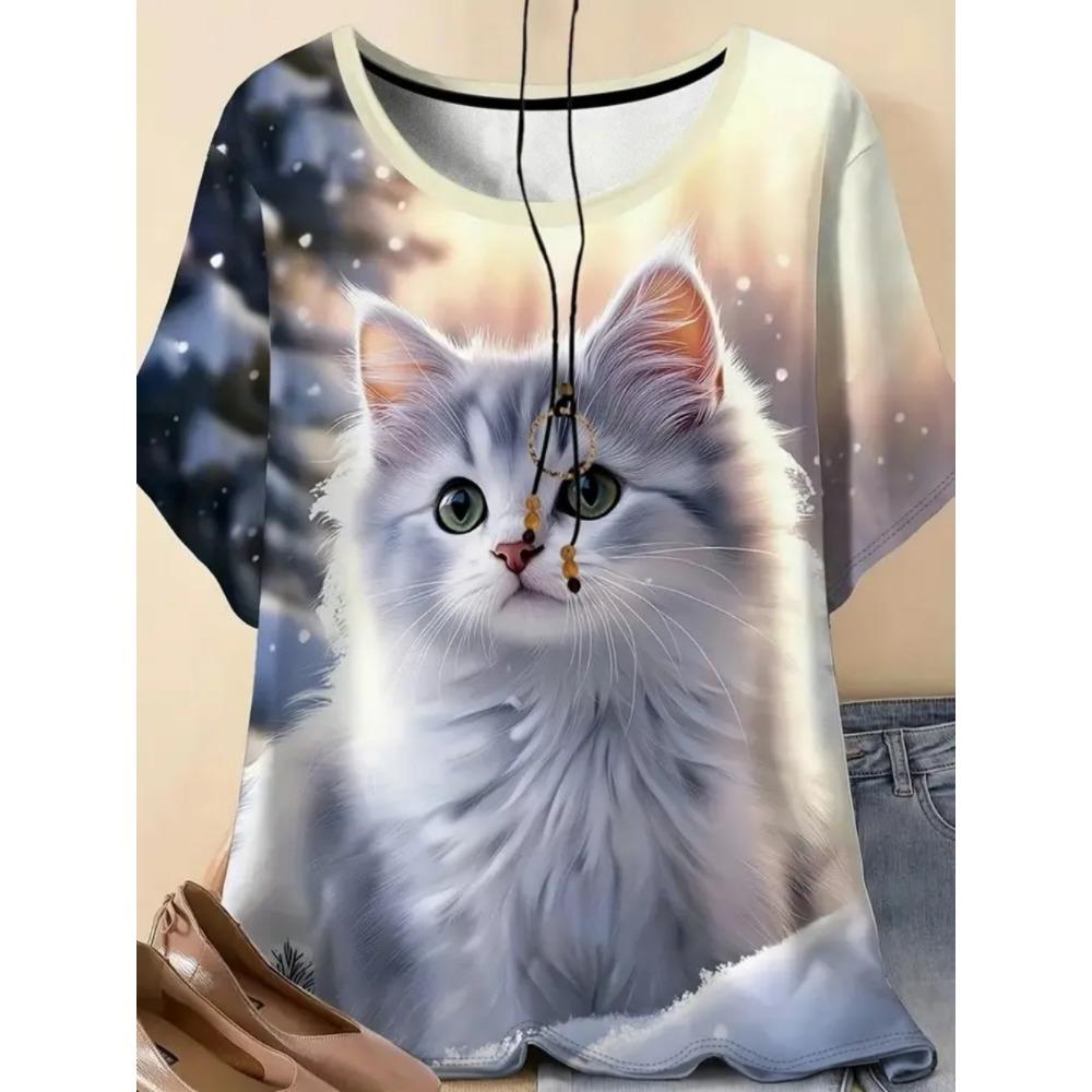 Ladies Fashionable Comfortable Printed Animal T-shirt Interesting Animal Cat Patterns Loose Breathable Large Size Short Sleeved T-shirt