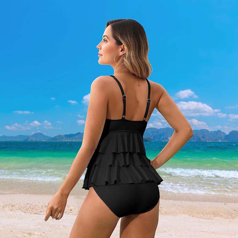 Seksowny strój kąpielowy jednoczęściowy Kobieta Jednolity kolor Dekolt w serek Warstwa ciasta Falowany brzeg Bikini Wyszczuplające stroje kąpielowe Plażowa odzież kąpielowa damska