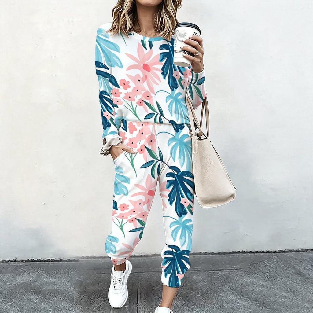 Ladies Crew Neck Long Sleeve Blouse And Elastic Waist Long Pants Two Piece Casual Outfit