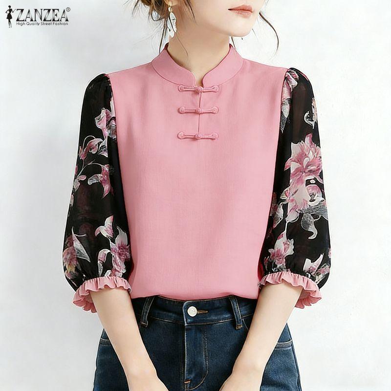 ZANZEA Damen Casual Stehkragen Print Patchwork 3/4 Ärmel Bluse