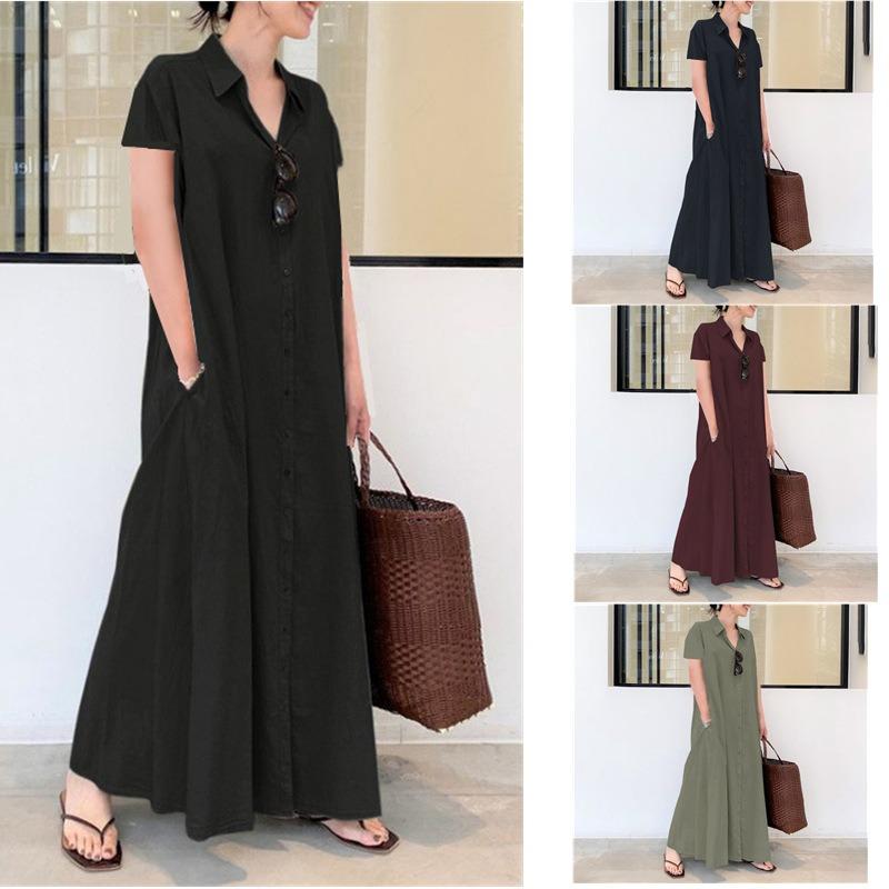 Fashion Short Sleeve Summer Shirt Dress Women Plus Size Lapel Single Breasted Casual Loose Simple A-line Party Maxi Long Dresses Elegant Print Clothes