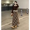Petite Retro Plaid Skirt & Spliced Long Sleeve Top Set for Autumn/Winter Women