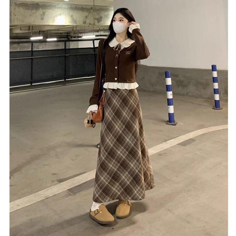 Petite Retro Plaid Skirt & Spliced Long Sleeve Top Set for Autumn/Winter Women