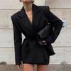 Black Exaggerated Shoulder Blazer Jacket with Short Skirt Set