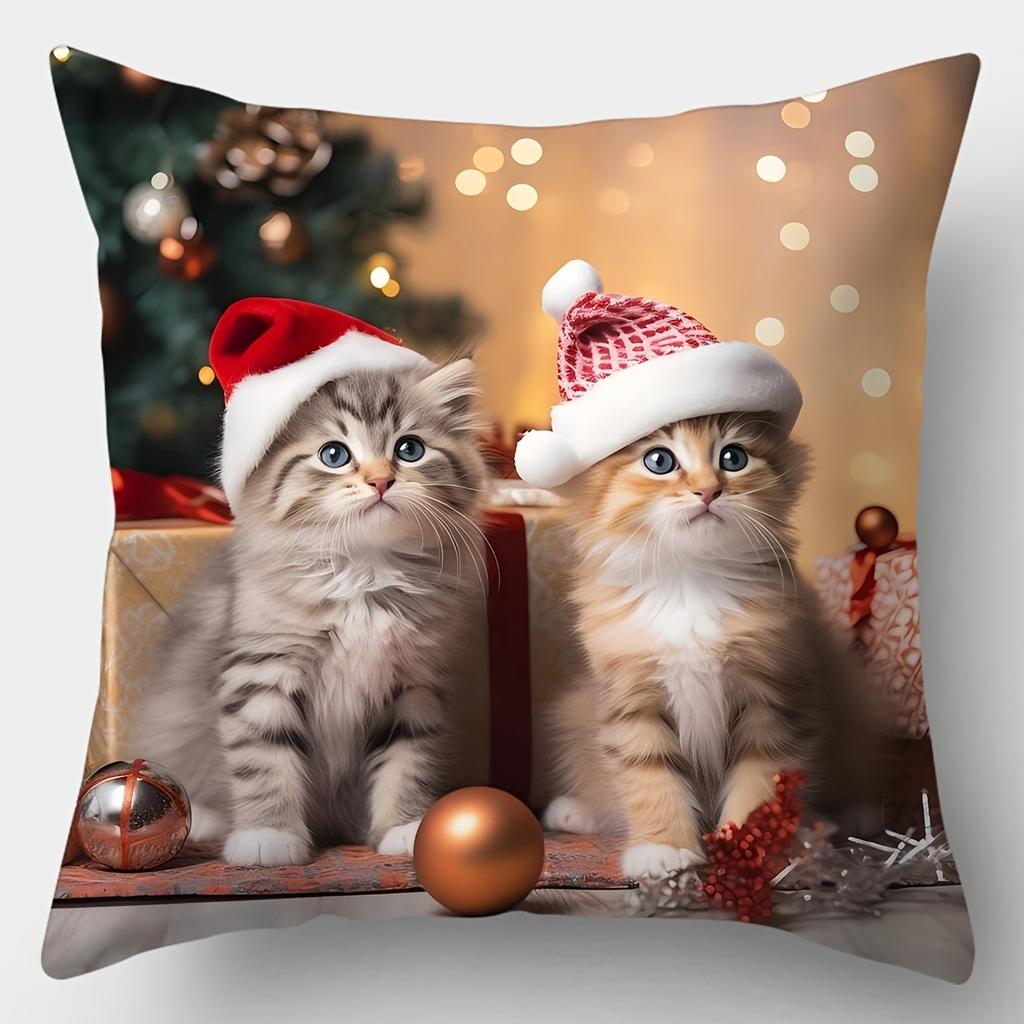 Christmas Santa Hat Kittens Pillow Cover, Festive Home Decor Pillowcase One-side Printed 1PC