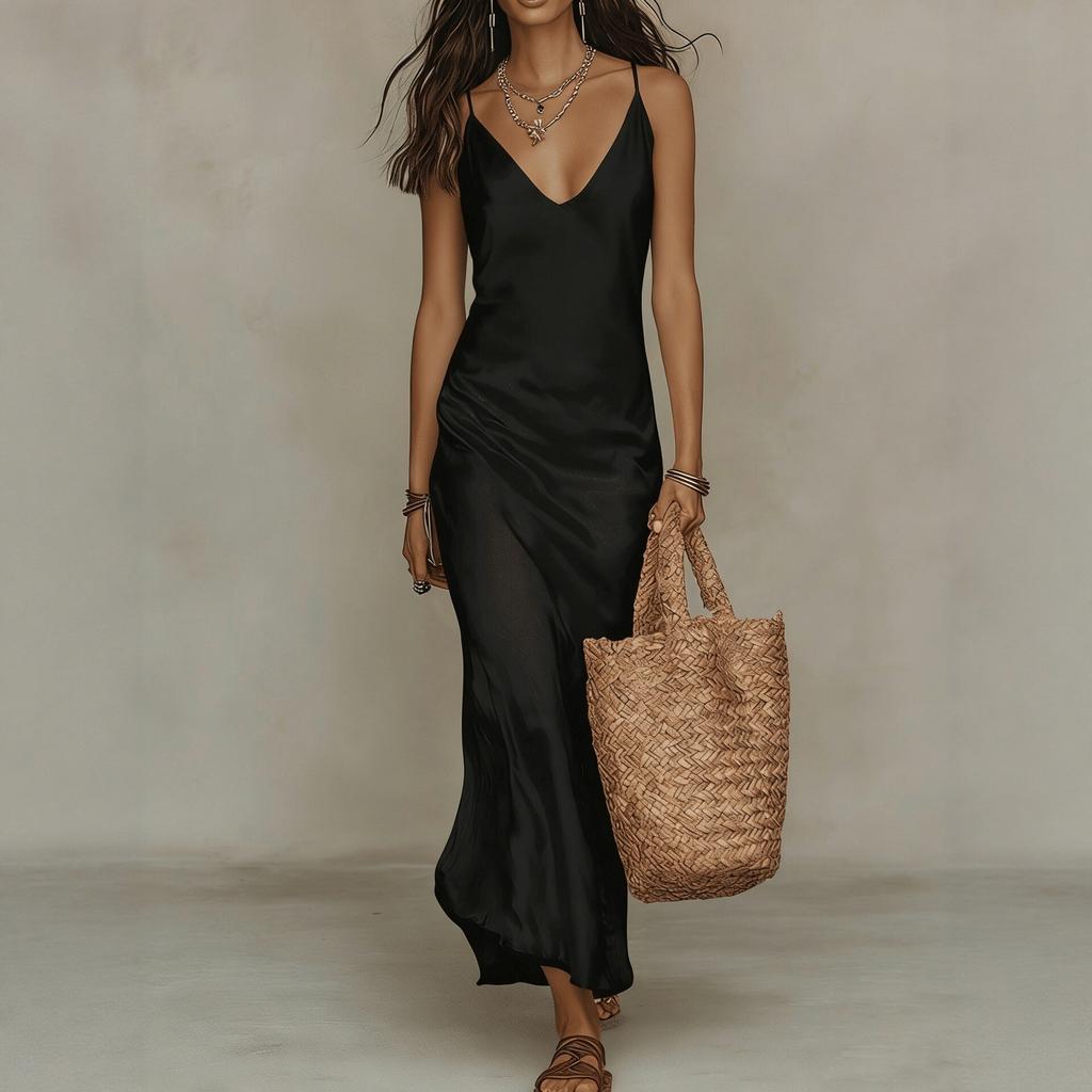European and American Summer New Knitted Satin V-neck Suspender Dress, Slim Holiday Style Temperament Dress Women's Clothing