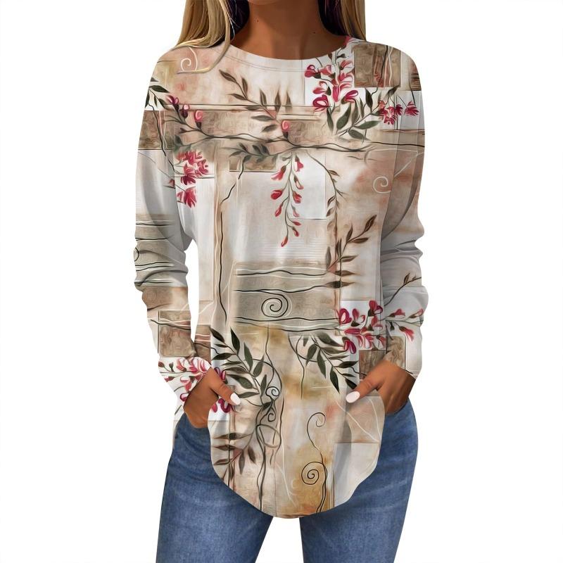 Damen T-Shirt mit 3D-Blattdruck, modisch, langärmlig, Rundhalsausschnitt, normale Oberteile, Feiertagswochenende, Frühling und Herbst
