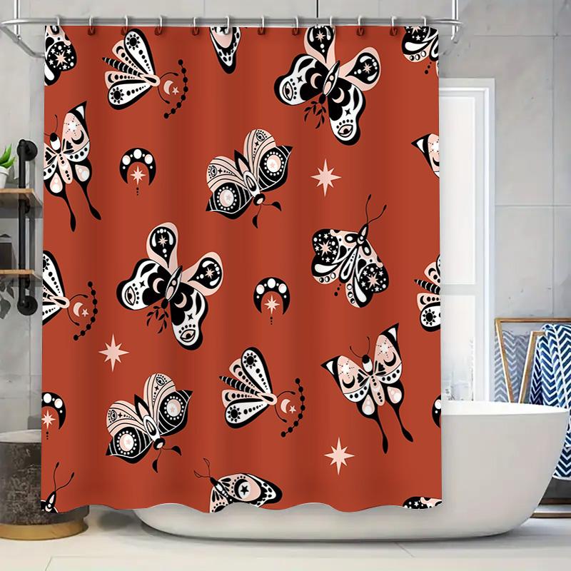 

Black White Pattern Shower Curtain Decorative Bath Mat with Orange Butterfly Print for Home Bathroom Accessories 90x180cm