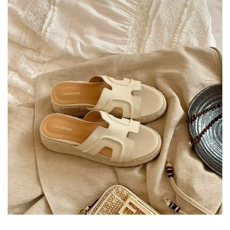 Sheepskin - 6cm inner height increase Ruth slippers women's summer outer wear one-word height increase slope heel cool slippers