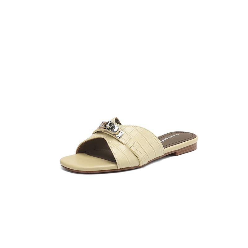 Krazing Pot Cow Skin Mules Summer Size 42 Low Heels Luxury Shoes Metal Decoration Women Superstar Women Peep Toe Slip on Sandals