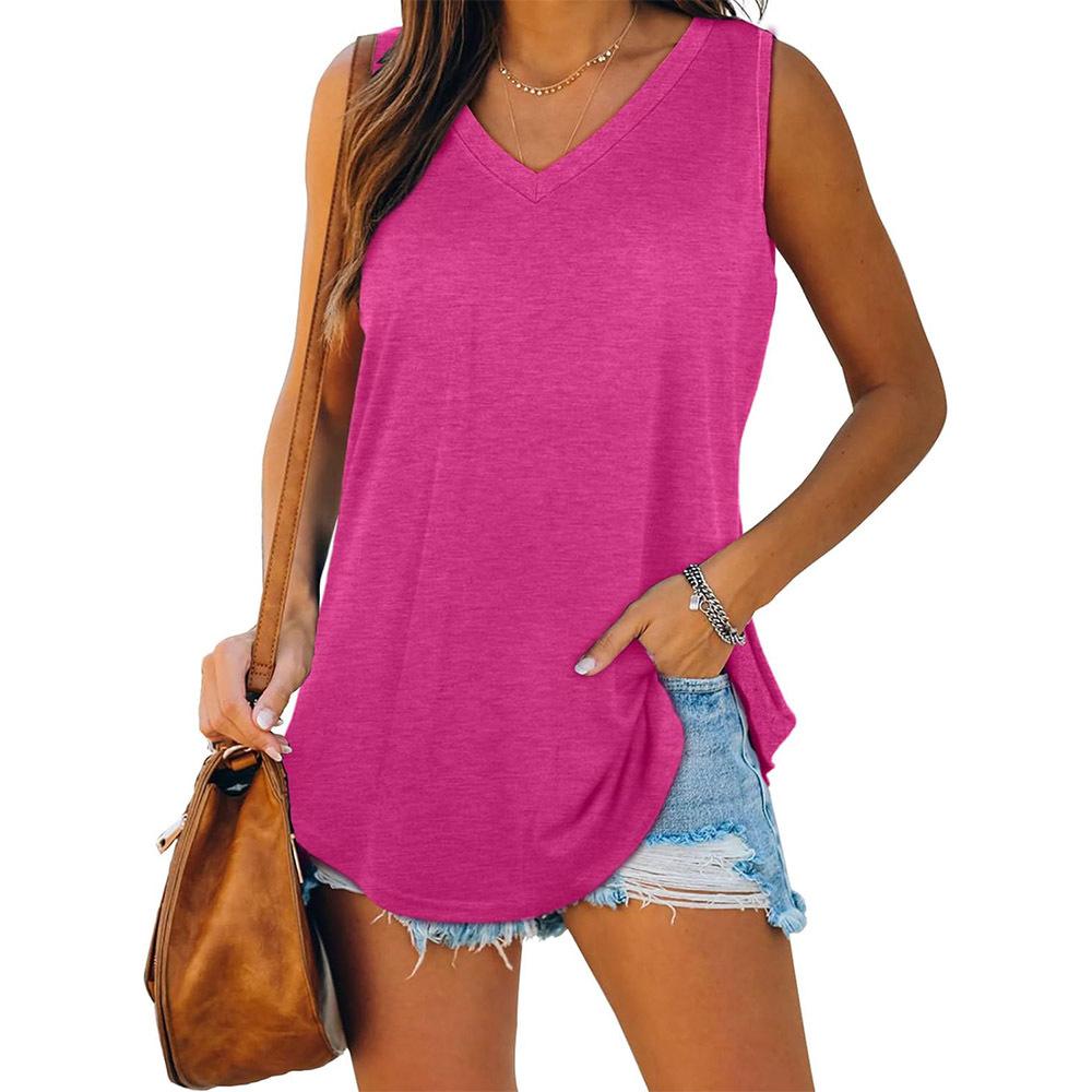 New European and American popular V-neck dovetail sleeveless solid color vest T-shirt women's clothing