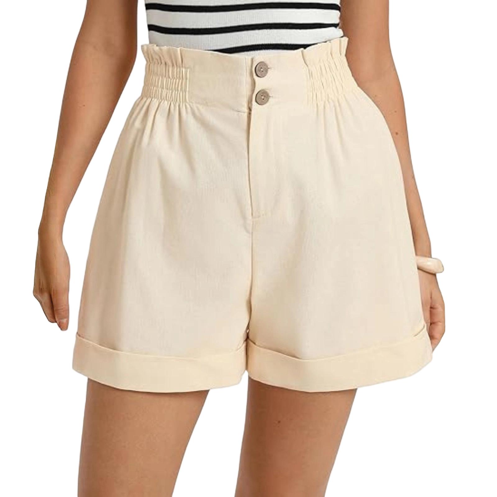 

Women s Fashionable Casual Color Elastic Buckle Zipper Pocket Shorts L бежевый