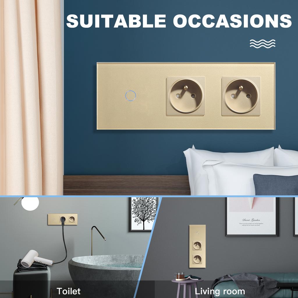 BSEED 1/2/3Gang Touch Light Switches 1Way With French Sockets Type-c USB Wall Power Outlets Glass Panel Blue Backlight Gold