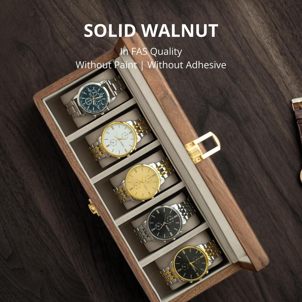 Muso Wood Watch Case for 5 Watches, Wooden Watch Case with Clear Window, Storage Box with Removable Pillow, Luxury Watch Display Case (Walnut)