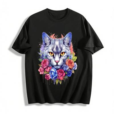 Vintage Watercolor Floral Cat Print Casual Top Pure Cotton T-shirt