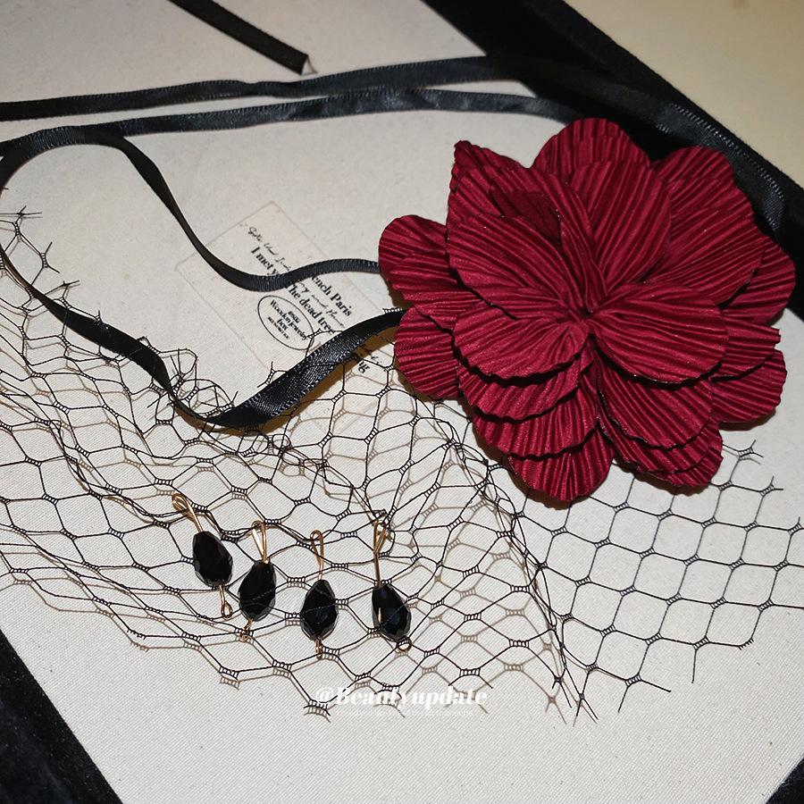 Red Fabric Flower Hair Clips for Women Sweet Petal Long Tassel Barrettes Duckbill Clip Hairpins Summer Holiday Hair Accessories