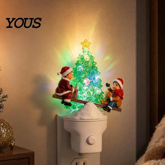 Plug-in Night Light for Bedroom Christmas LED Light, Resin Glowing Tree Lamp with Kids Reindeer Modern Relief Texture Seesaw Design, Wall Decor