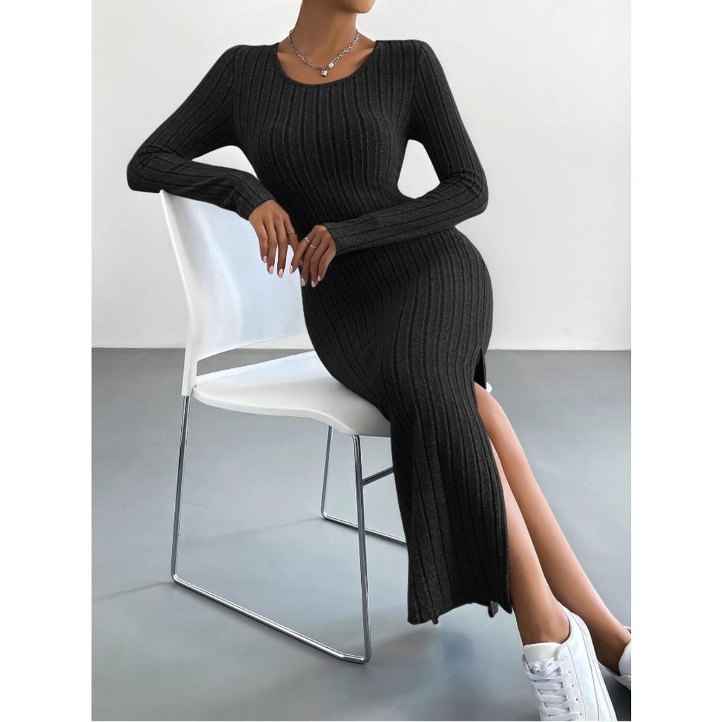 Fall Winter Women's Long Sleeve Crew Neck Slit Maxi Knit Dress, In Stock For Crossborder European American Size, Casual Long Dress For Women