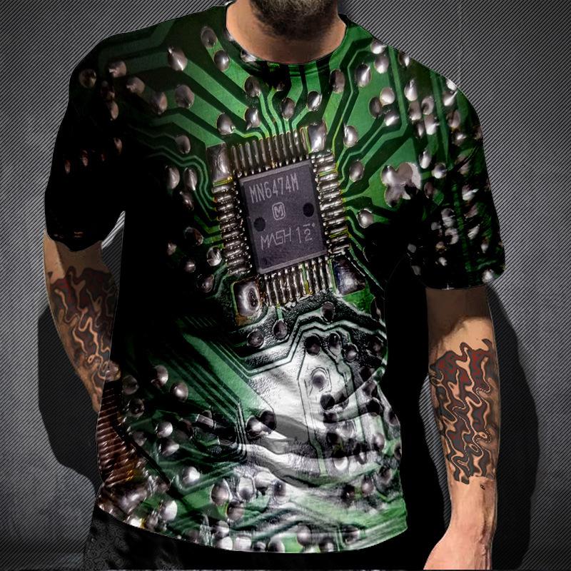 Summer Round Neck Circuit Board Pattern 3D Print Top Fashionable Casual Short Sleeved Men's T-shirts