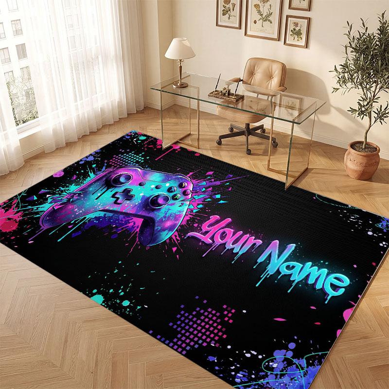 Game Controller Theme Crystal Velvet Floor Rug Personalized Custom Name Text Warm Carpet Home Decoration