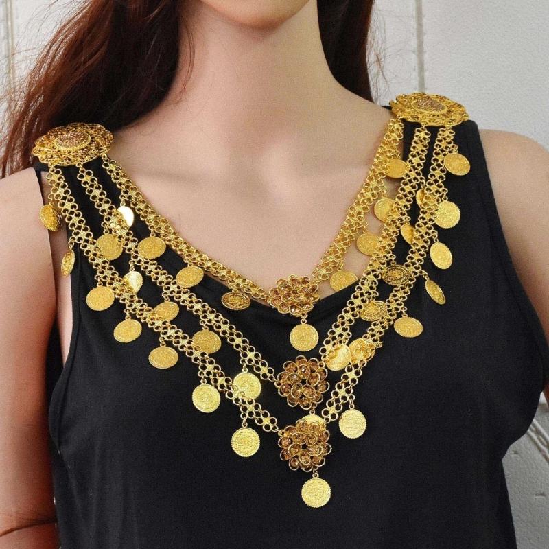 Multi Layer Alloy Coin Tassels Shoulder Chain Necklace Shoulder Accessory for Fashion Forward Women Seeking Unique Style