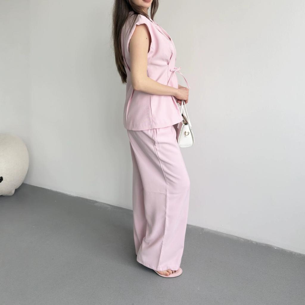 European and American women's clothing new V-neck drawstring waist slim top high waist wide leg pants commuter suit