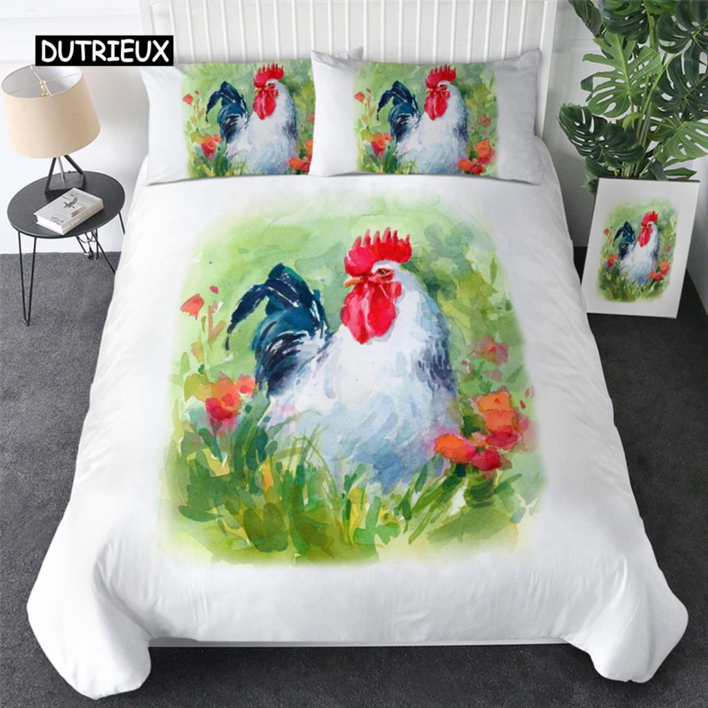 Hühner Bettbezug King Queen Größe Aquarell Hahn Bettwäsche Set für Kinder Jugendliche Erwachsene Bauernhoftier Polyester Bettdeckenbezug