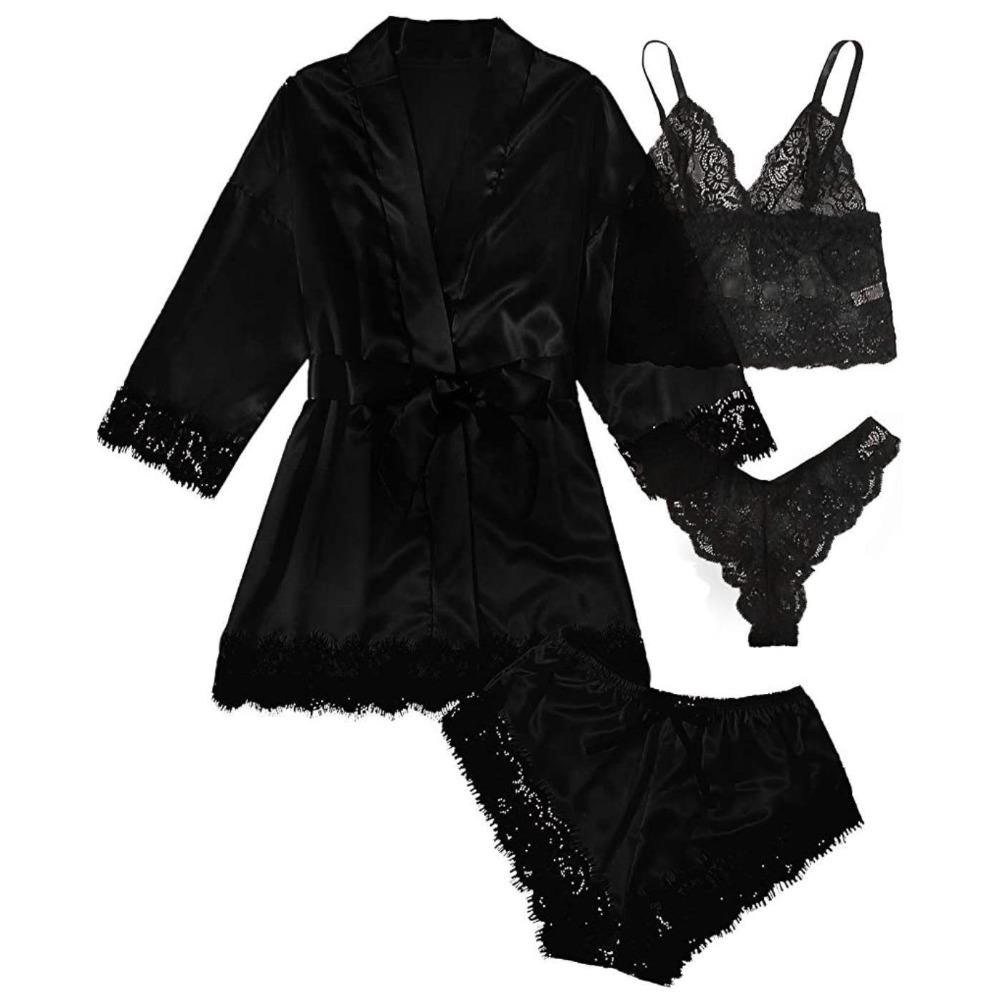 GMXIA Ladies' Pajama Four-piece Set, Lingerie, Large-sized Home Wear, Lace Pajama Sets
