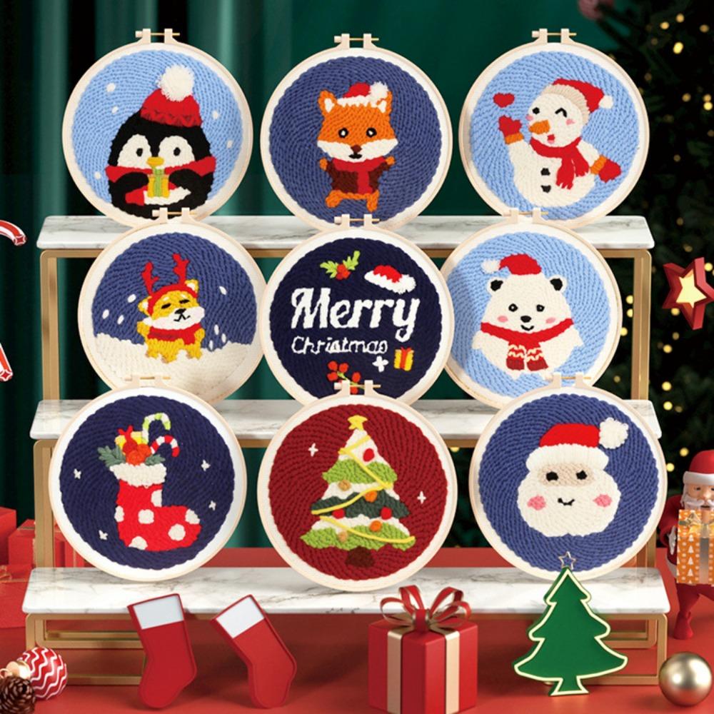 Cotton Embroidered Fabric Punch Needle Embroidery Kit Christmas Collection Easy DIY Play Punch Needle Kits with Embroidery Hoop